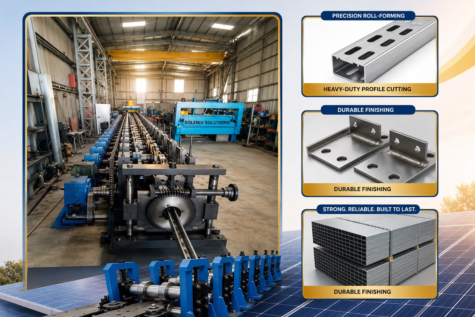 Roll-forming line, slotted channel, base-plate brackets and stacked GI channel stock for solar mounting structures