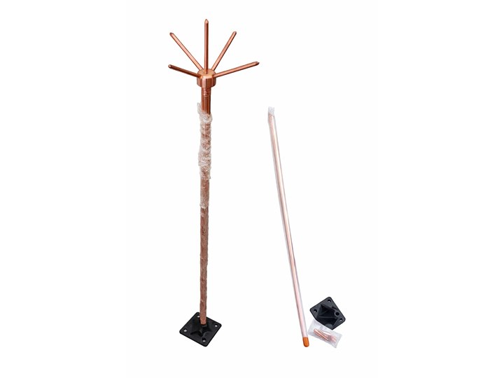 Copper-bonded lightning arrester with five spikes and a PVC base, shown assembled and in parts